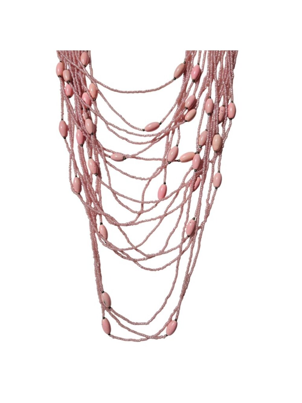Retro Pink Beaded Necklace Multi Strand Oval Accents Statement Fashion Jewelry